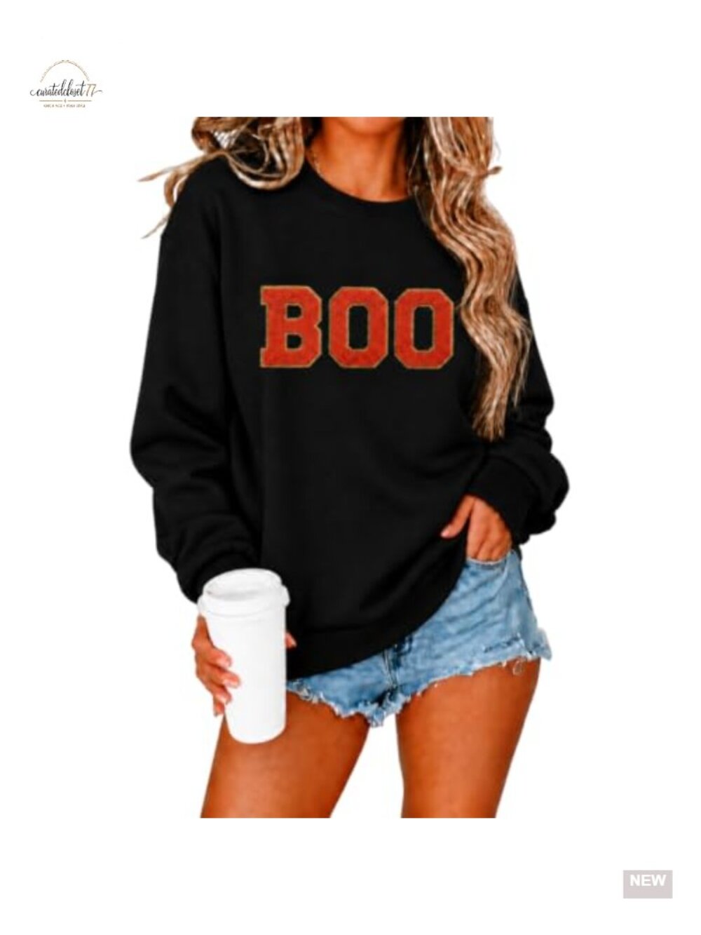 Womens Halloween Boo Embroidered Crewneck Sweatshirt Fall Pullover